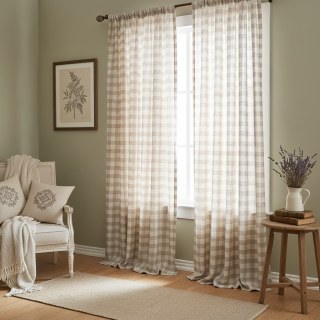 Cottage Charm Mocha Brown Linen Style Gingham Check Plaid Curtains 2