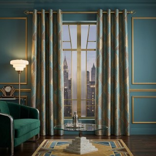 Deco Diamond Teal and Brown Art Deco Geometric Curtains with Gold Details