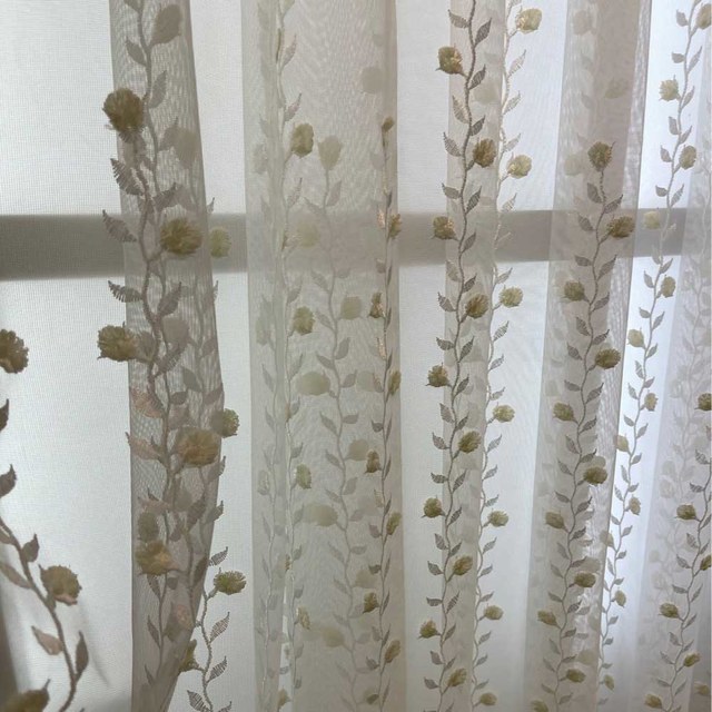 Floral Fantasy Embroidered Scallop Edged Ivory White Voile Curtain 1