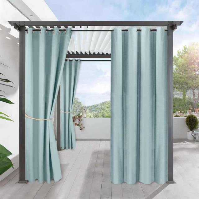 Del Mar Waterproof 100% Blackout Light Blue Linen Style Outdoor Curtain 1