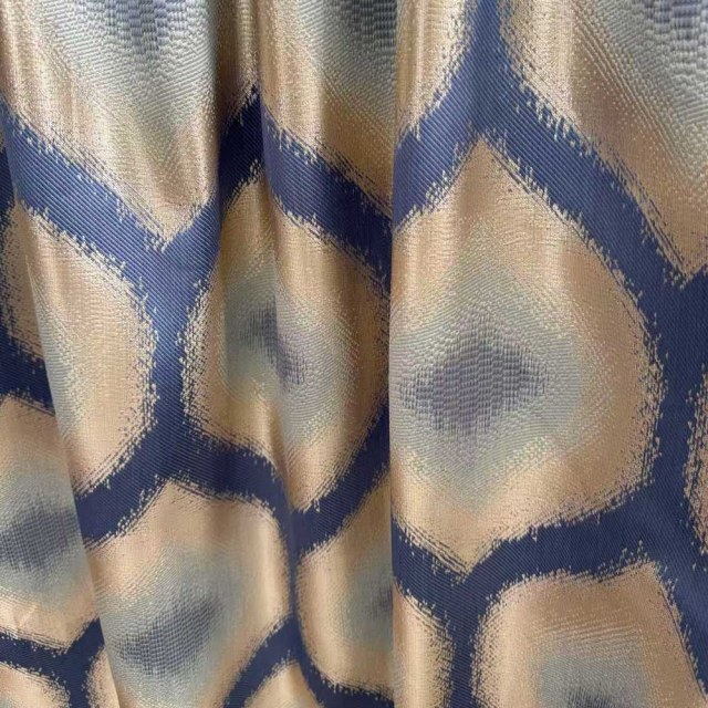 Ikat Ogee Luxury Jacquard Blue and Gold Geometric Curtains 1