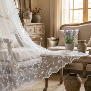 Graceful Butterfly Glass Pearl Beaded White Embroidered Voile Curtain 2