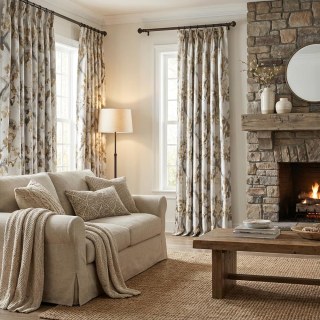 Lattice Bloom Jacquard Cream Gold Floral Curtains 3