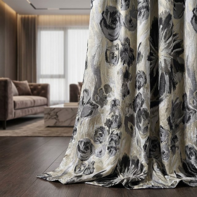 Noir Petals Black and Cream Abstract Floral Curtains with Silver Details 1