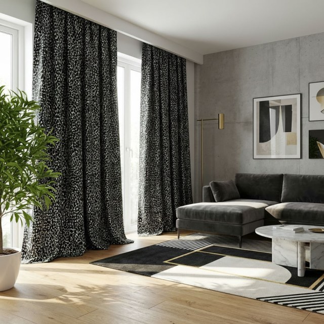 Noir Safari Leopard Spot Black and White Animal Print Curtains 1