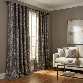 Royal Indigo Luxury Jacquard Blue and Gold Floral Curtains 3