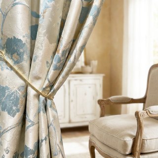 Secret Garden Silky Cream & Pastel Teal Floral Curtain with Gold Details 2