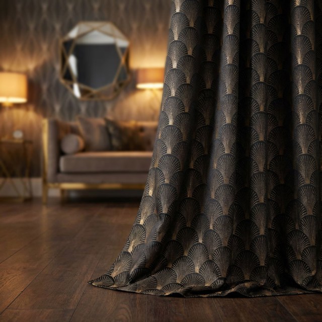 The Roaring Twenties Luxury Art Deco Shell Patterned Black & Gold Curtain 1