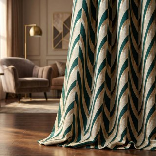 Ocean Wave Elegance Dark Green and Gold Art Deco Geometric Curtains