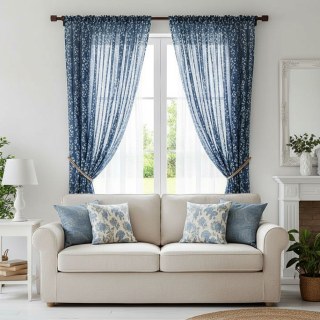 Pascal Navy Blue Vine Print Semi Sheer Voile Curtain 3