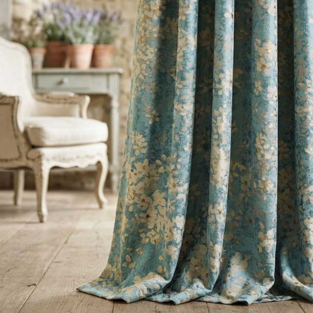 Spring Spirit Blue & White Floral Curtain with Gold Details 1