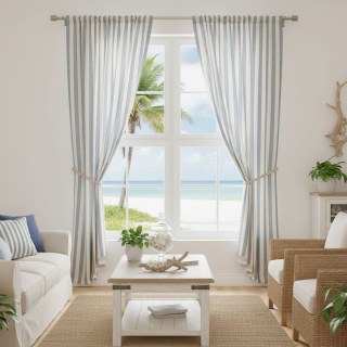 Coastal Weave Haze Blue Striped Linen Cotton Blend Curtains 3