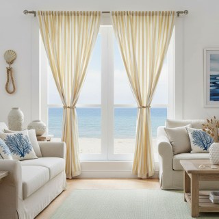 Coastal Weave Sandstone Yellow Striped Natural Linen Cotton Blend Curtains 3