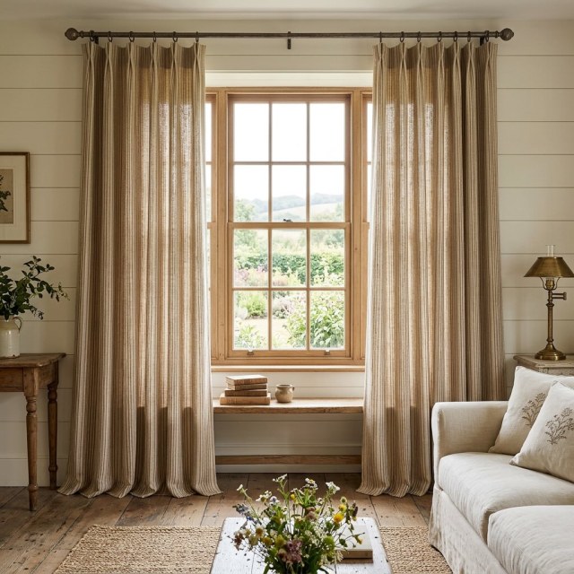 Cottage Flax Terracotta Orange Striped Natural Linen Cotton Blend Curtains 1