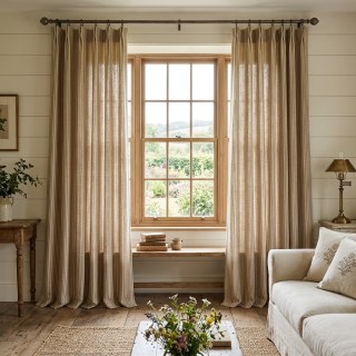 Cottage Flax Terracotta Orange Striped Natural Linen Cotton Blend Curtains