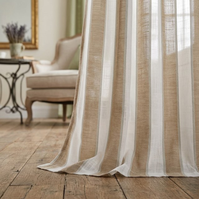 Sunnyside Linen Style Brown & White Striped Voile Curtains 1