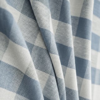 Cottage Charm Haze Blue Linen Style Gingham Check Plaid Curtains