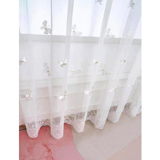 Graceful Butterfly Glass Pearl Beaded White Embroidered Sheer Curtain 8