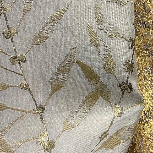 In The Woods Luxury Jacquard Shimmery Beige Cream Leaves Curtain with Gold Details 1