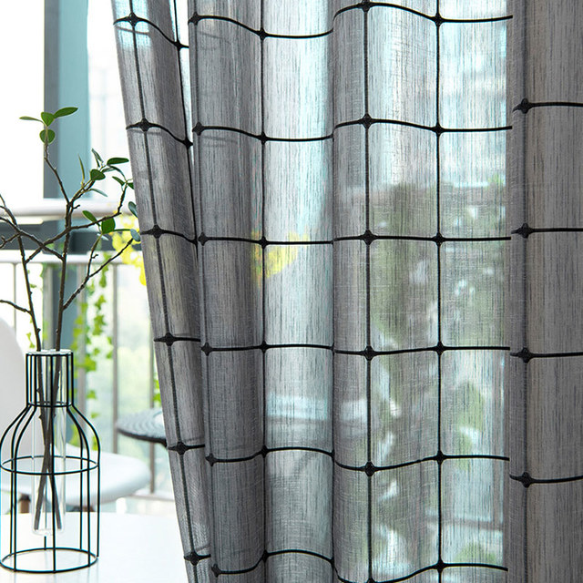 Pane Paradise Checked Grid Charcoal Gray Sheer Curtains 1