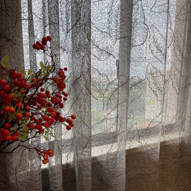 Gold Leaves Embroidered Gray Mesh Net Curtain 1