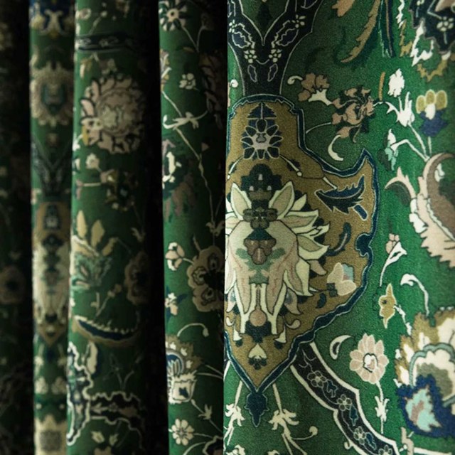 Zanjan Zen Vintage Emerald Green Persian Floral Velvet Curtains 1