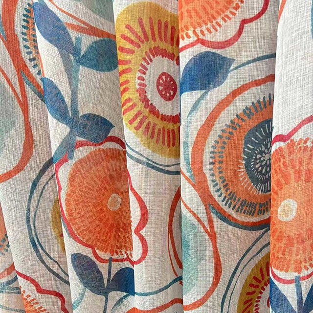 Circle Dance Multicolor Red Mid Century Modern Floral Sheer Curtain 1