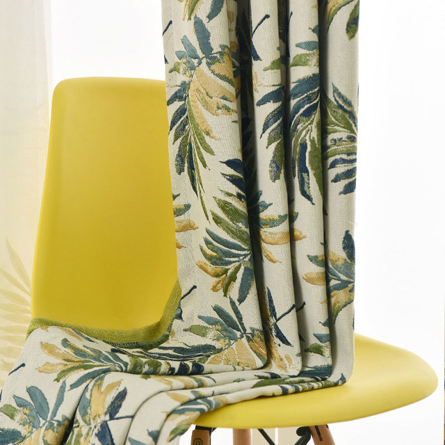 Leafy Whispers Linen Style Blue Green Palm Leaf Tropical Blackout Curtain 1