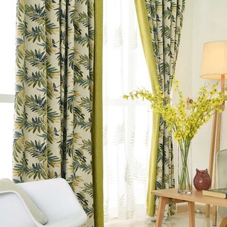 Leafy Whispers Linen Style Blue Green Palm Leaf Tropical Blackout Curtain 2