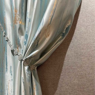 Misty Rain Jacquard Faux Silk Pastel Blue Abstract Curtain With Gold Details