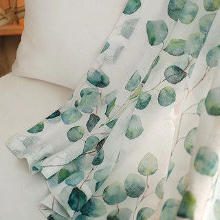 Misty Eucalyptus Green Leaf Watercolor Floral Sheer Curtains 5
