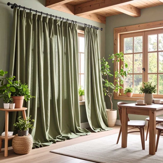 Cotton Club Olive Green Semi Sheer Curtain 1