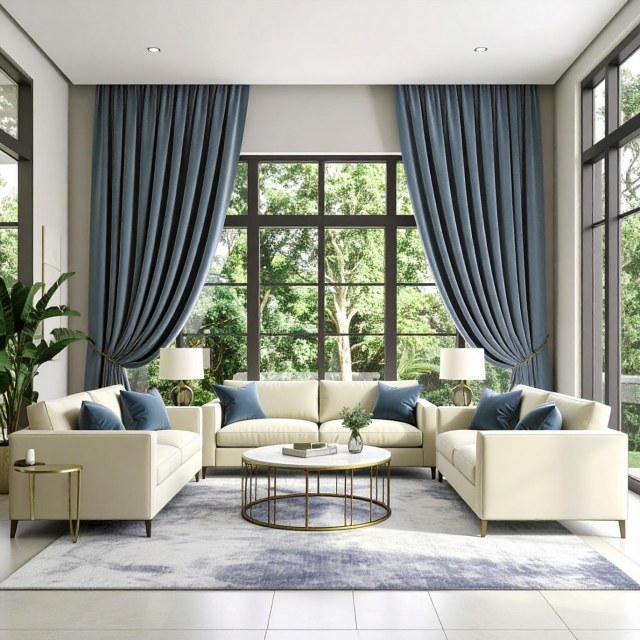 Fine Cadet Blue Velvet Curtain Drapes 1