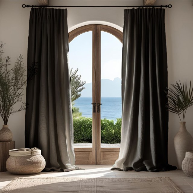 Shabby Chic Charcoal Gray 100% Flax Linen Curtain 1