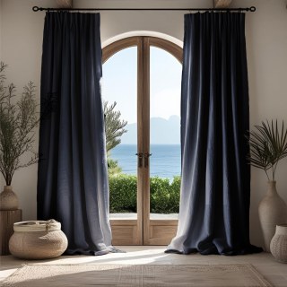 Shabby Chic Midnight Navy Blue 100% Flax Linen Curtain 1