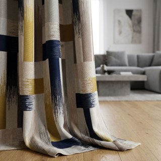 Abstract Strokes Luxury Geometric Midnight Navy and Yellow Curtain 2