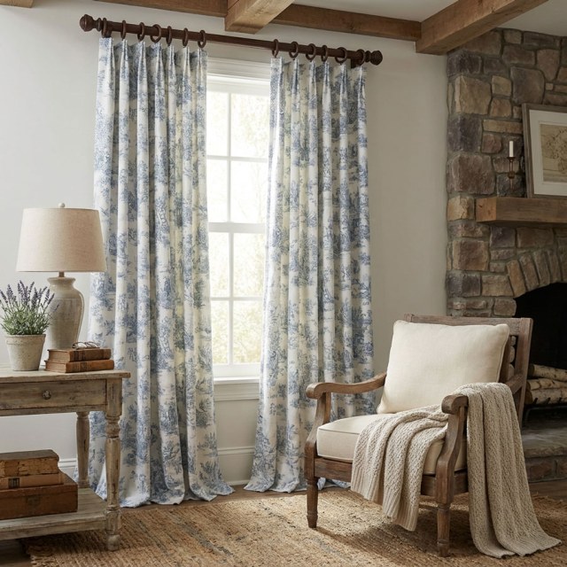 Amour Pastorale Blue Toile de Jour Chenille Curtains 1
