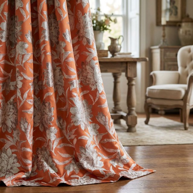 Blossom Tapestry Terracotta Orange Satin Floral Curtains 1