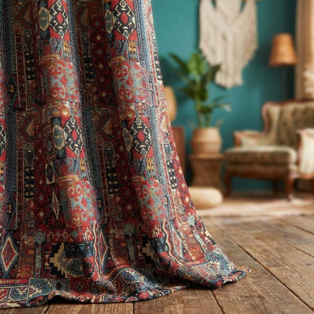 BOHO Rhapsody Multicolor Red Geometric 100% Cotton Curtain 1