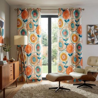 Circle Dance Multicolor Red Yellow Blue Mid Century Floral Curtain 3