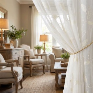 Creeper's Whisper Embroidered Leaf Ivory White Sheer Curtain 2