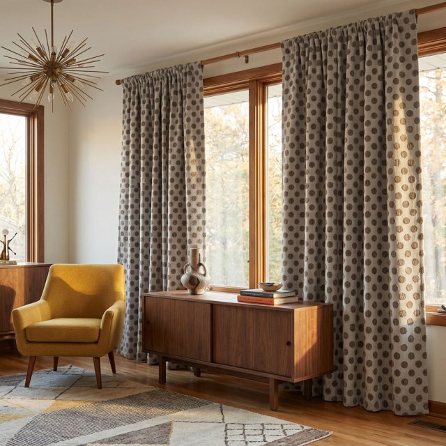Dottie Delight Mid Century Modern Taupe Polka Dot Chenille Curtain 1