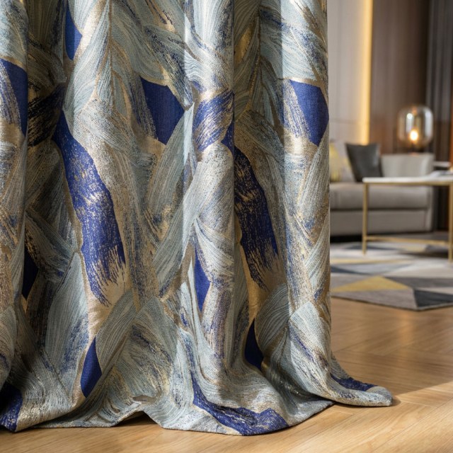 Dreamscape Luxury Jacquard Abstract Blue and Gold Curtains 1