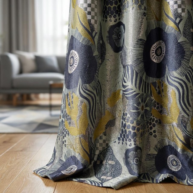 Earthy Whimsy Yellow Gold and Midnight Blue Modern Floral Curtains 1