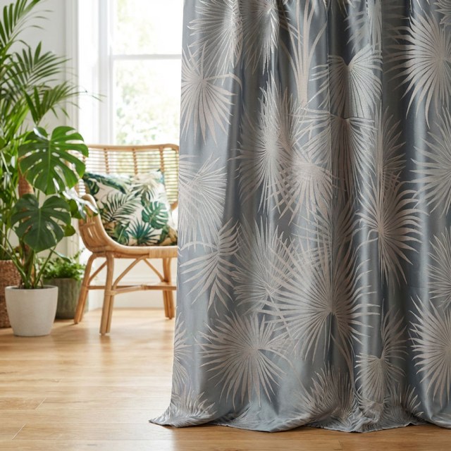 Fan Palm Silhouette Duck Egg Haze Blue Satin Tropical Leaves Curtain 1