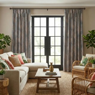 Fan Palm Silhouette Duck Egg Haze Blue Satin Tropical Leaves Curtain 3