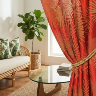 Fan Palm Silhouette Red Satin Tropical Leaves Curtain 3