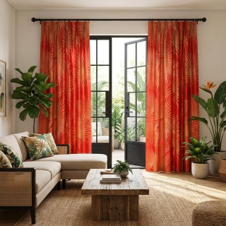 Fan Palm Silhouette Red Satin Tropical Leaves Curtain