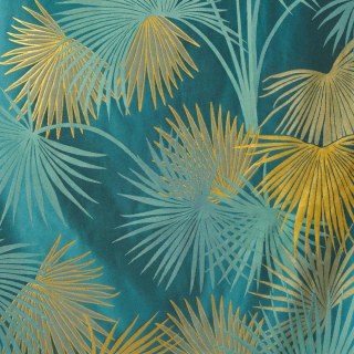 Fan Palm Silhouette Teal and Yellow Satiin Tropical Leaves Curtain