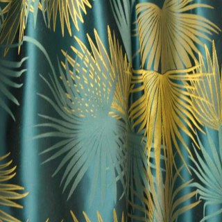Fan Palm Silhouette Teal and Yellow Satin Tropical Leaves Curtain 5